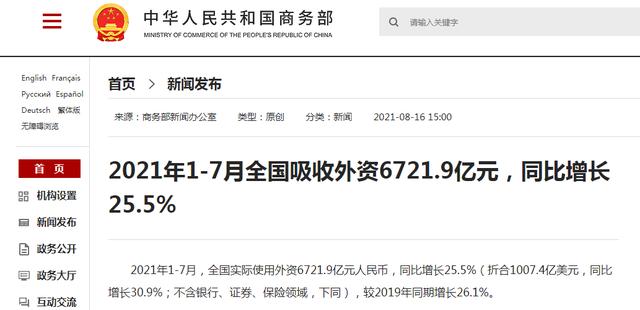 1-7月全国吸收外资6721.9亿元 同比增长25.5%