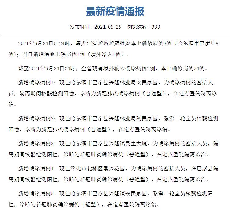 黑龙江新增新冠肺炎本土确诊病例8例